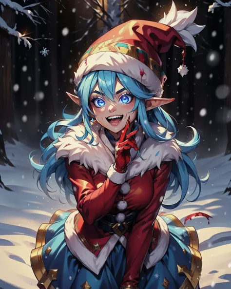 ((blue:1.2 theme)), blue hat, sapphire aura, snowing, blue background, action shot, elf blue hair, laughing, crazy eyes, azure clothing, fur lined skirt, high quality, high detail, 8k, highres,  <lora:Meme_YellowSanta:0.8> yellowsanta, ((bloody snow)) <lor...