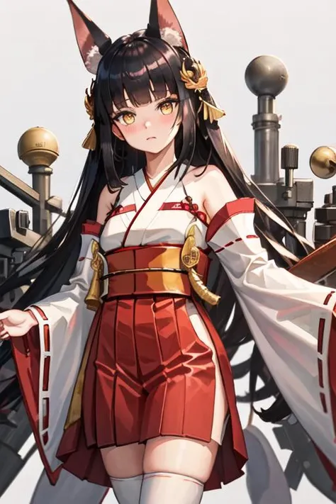 best quality, masterpiece, highres, solo, {white kimono:1.35}, {red hakama:1.35}, {wide sleeves:1.20}, {nagato_azurlane:1.15}, animal_ears, fox_ears, black_hair, long_hair, bangs, animal_ear_fluff, yellow_eyes, blush, blunt_bangs, hair_ornament, brown_eyes