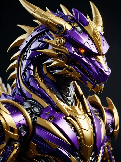 a close up of a purple and gold dragon statue on a black background