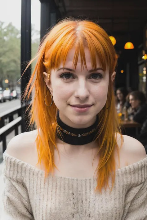 hayleyWilliams1 piercing eyes, looking straight, very happy,long hair, wearing an off-shoulder sweater, choker, closeup portrait, in a outdoor cafe in 2015, afternoon light