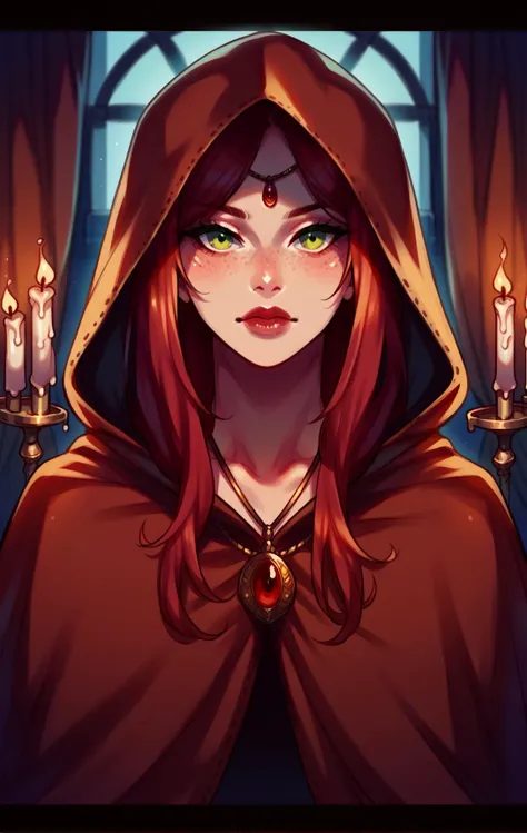 a woman with red hair and a hoodie is standing in front of candles