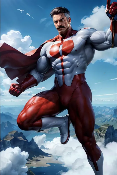 omniman2023, muscular, blue eyes, mustache, bodysuit, red cape, looking at viewer,serious, flying, in air, blue sky, clouds,  extreme detail, masterpiece, <lora:omniman2023:.7>