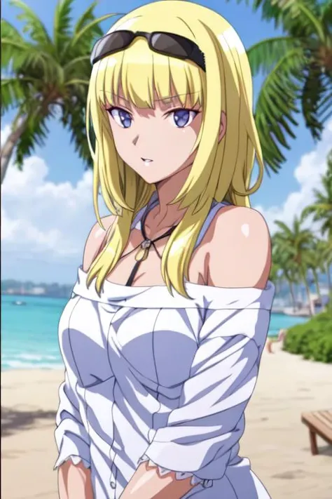 best quality, masterpiece, <lora:Lili:0.7>emilie_t7, (anime screencap:1.2), off shoulder, bare shoulders, white sweater, sunglasses, parted lips, beach, palm tree,