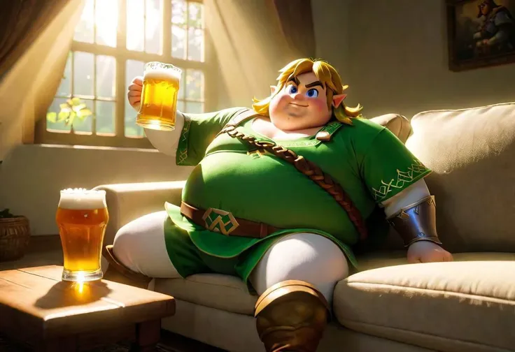 Funny photo of an overweight Link from Zelda on the couch with a beer, light rays, natural lighting, 3d cartoon style of Nintendo