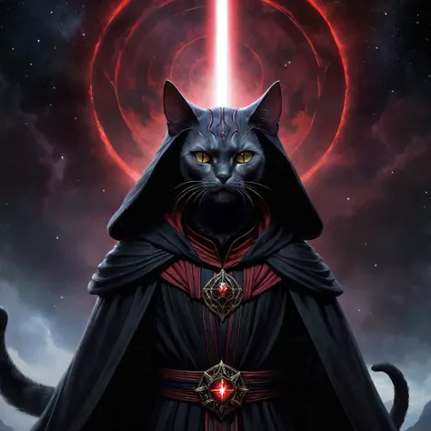 Digital painting of a cat sith Lord in a dark magical science fiction universe