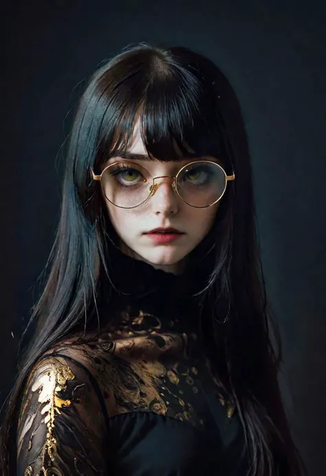 1girl reflective glasses
bangs
long hair
    shadows, 
  Gradient mastery, ink, gold decorations and alcohol ink elements.
(Alessio Albi)   contemporary, fashion, photography, photography-color, portraits