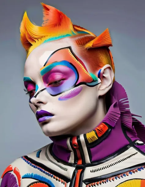 best quality, high quality, masterpiece, (Professional fashion photography of a person with innovative makeup), [by James Kaliardos:Martine Rose:0.6], revolutionary makeup, avant-garde cosmetics, bold color palette, artistic face painting, futuristic beaut...