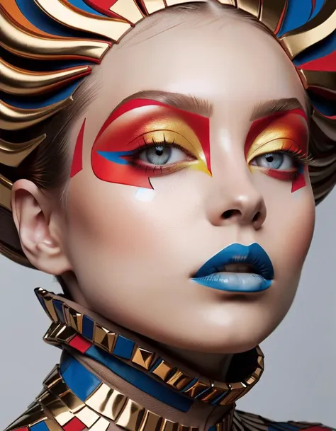 best quality, high quality, masterpiece, (Professional fashion photography of a person with innovative makeup), [by Tom Pecheux:Issey Miyake:0.6], revolutionary makeup, avant-garde cosmetics, bold color palette, artistic face painting, futuristic beauty, h...