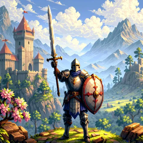 (Pixel art:1.2) a knight wielding sword and shield, beautiful fantasy nature in background, HD, masterpiece, best quality, hyper detailed, ultra detailed,