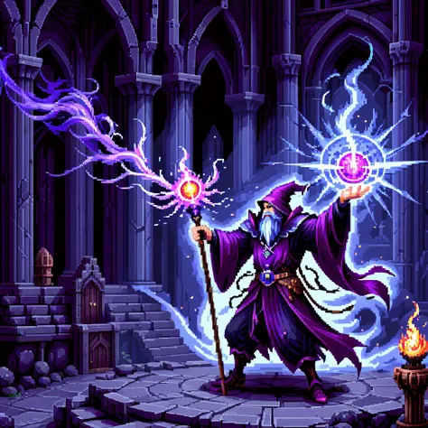 (Pixel art:1.2) a wizard wielding an orbstaff, casting spells, old dark castle in background, HD, masterpiece, best quality, hyper detailed, ultra detailed,