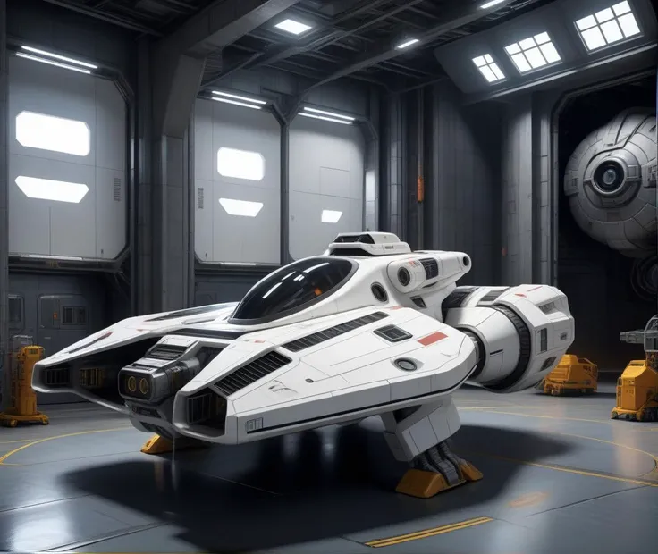 space fighter landed in hangar bay, high quality, masterpiece, nacelles, spacecraft, vehicle focus