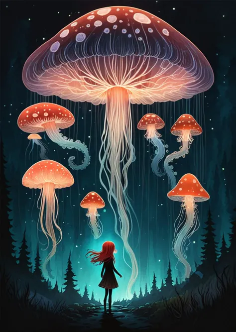 flat color art by  Andy Kehoe,
1girl , mushroom
 night 
glowing jellyfish