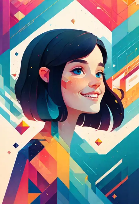 high-quality artwork in jmst artstyle
by James Gilleard 
 a happy girl  ,  teardtop,  side view
abstract, gradient color, digital vector  art, geometric pattern,  shapes
[(details:1.2): [ (many small details:1.3) : [ (many ultrasmall details: 1.2):(very de...