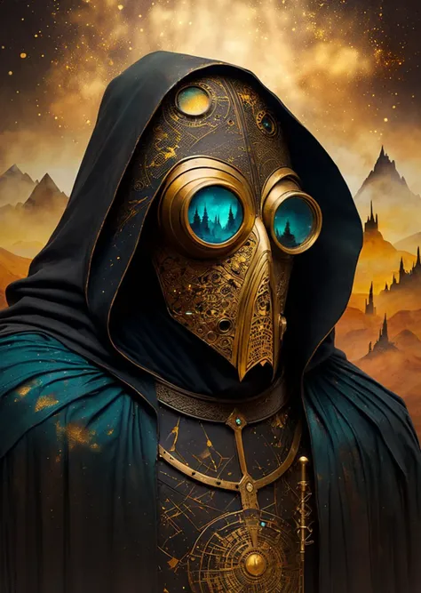 Azem the Traveler in Andy Kehoe style, cloaked and masked, yearning to explore. Gradient mastery, ink, gold leaf, and alcohol ink elements. Cinematic realism, luminism, and pollution-choked industrial landscape by Greg Rutkowski