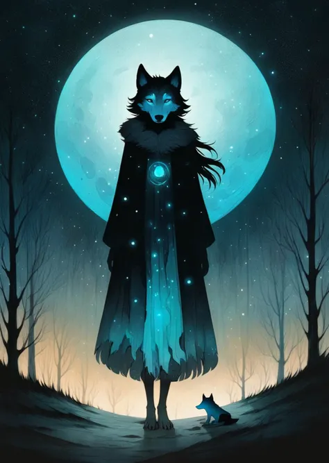 gradient flat color (art by  Andy Kehoe,)
1girl , shadows 
glowing particles 
night MOON 
translucent, cyan wolf spirits