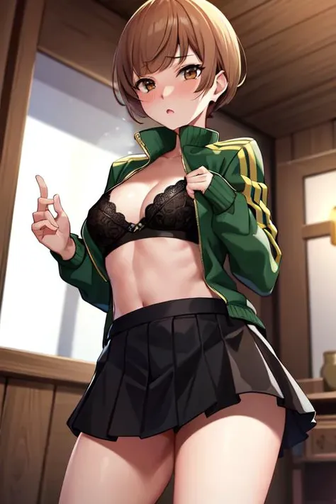 masterpiece, best quality, absurdres, perfect antomy, Satonaka Chie, brown eyes, cowboy shot, standing, green jacket, black skirt, track jacket, indoors, open jacket, black bra, blush