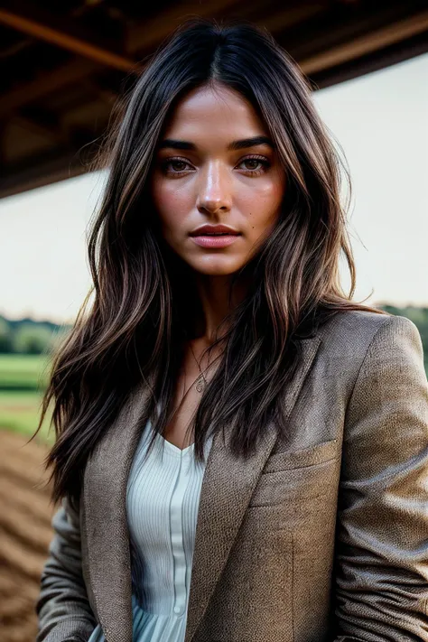 perfect cinematic shoot of a beautiful woman (EP4n3l14M00r:.99), a woman standing at a (modest farm), perfect bangs, wearing sexy (Burlap Brown Tuxedo blazer:1.2), (people in background:1.1), (detailed background:1.1), (face focus), modelshoot style, (extr...