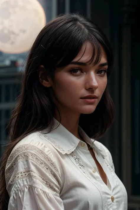 perfect cinematic shoot of a beautiful woman (EP4n3l14M00r:.99), a woman standing at a classroom, perfect hair, wearing sexy Lavender (Bell-sleeve blouse with lace insets and a button-front closure), (eclipse in background:1.2), (detailed background:1.1), ...