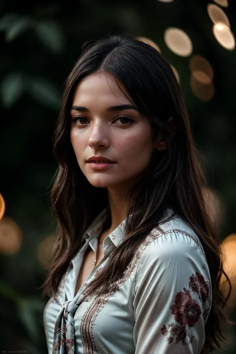 perfect cinematic shoot of a beautiful woman (EP4n3l14M00r:.99), a woman standing at a mountain, perfect hair, wearing sexy Mahogany (Floral print chiffon blouse with a tie-front and bell sleeves), (bioluminescent algae blooms in background:1.2), (detailed...