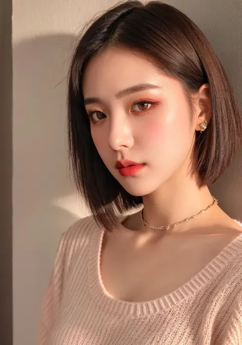 raw photo, (18yo short hair girl:1.2), makeup, graphic eyeliner, rouge, (choker:0.9), realistic skin texture,  white sweater,softcore, warm lighting, instagram style, sunset