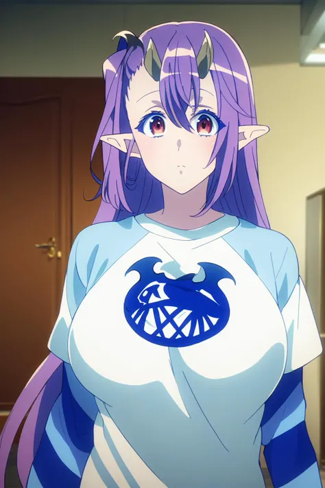 a woman with long purple hair and a white shirt with a blue emblem on it