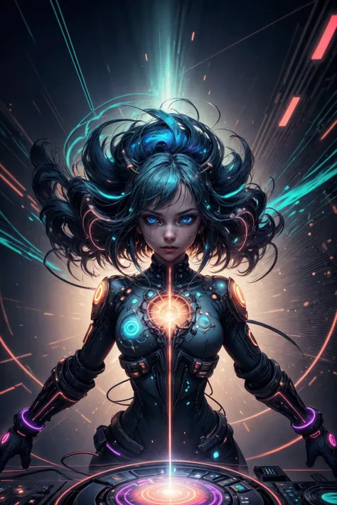 a woman with a futuristic hair and a glowing light on her face