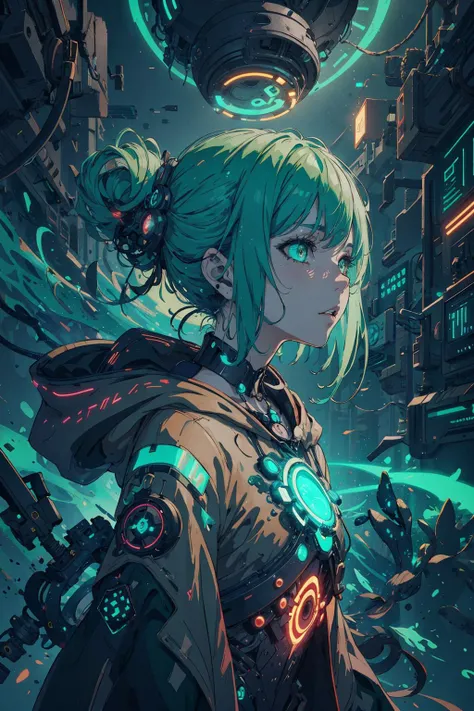 a woman with green hair and a futuristic outfit stands in front of a futuristic city