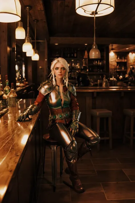 ciriw3_soul3142, 1girl, white hair, gloves, scar, green eyes, scar on face, armor, boots, <lora:ciri-18V2:0.6>,sitting,bar counter