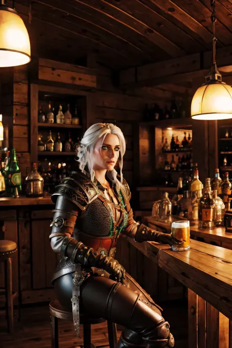 ciriw3_soul3142, 1girl, white hair, gloves, scar, green eyes, scar on face, armor, boots, <lora:ciri-18V2:0.6>,sitting,bar counter,drinks beer