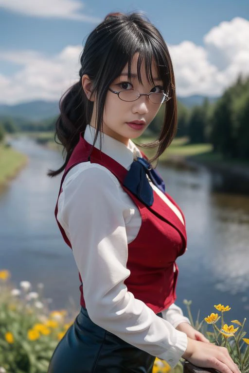 ultra-detailed,highly detailed,best quality,masterpiece,illustration,upper body, looking at viewer,
1girl, solo, mizuho kazami,uniform,collared shirt, vest, taut skirt, thighhighs, 
outdoors, nature, wind,flower field, river,cloudy sky,
<lora:mizuho kazami...