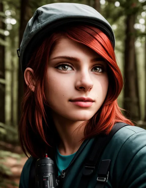 RAW photo, a portrait photo of red haired woman, traveler clothes, standing in the forest,holding a gun, ((closeup)), 8k uhd, high quality, film grain, Fujifilm XT3, high quality photography, 3 point lighting, flash with softbox, 4k, Canon EOS R3, hdr, smo...