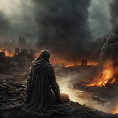 a man in a cloak sitting on a rock looking at a fire