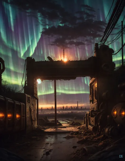 a painting of a train traveling through a tunnel under a green aurora