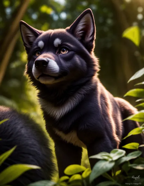 ethereal fantasy concept art of  (a cute black  husky puppy), epic overgrown temple ruin, epic scene, lush plants,dynamic camera, backlight, (close up:1.3), high quality photography, 3 point lighting, flash with softbox, 4k, Canon EOS R3, hdr, smooth, shar...