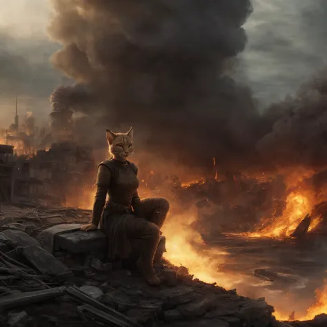 a woman sitting on a rock looking at a fire in the distance