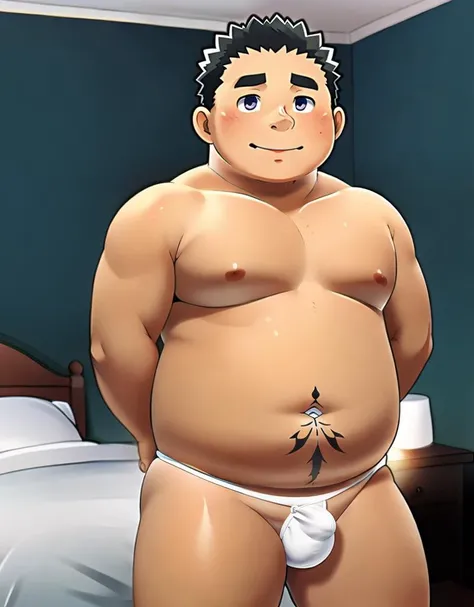 (((detailed eyes, detailed face))), (boy <lora:Baralora:0.5>, eita housamo <lora:Eita_Housamo:0.8>, belly tattoo, black hair), male, (solo), (plump, fat, chubby, overweight), (white micro g-string <lora:bulge_micro_g-string_xindigo_v5:1>, topless), (bulge)...