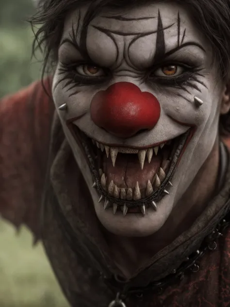 a close up of a clown with a red nose and teeth