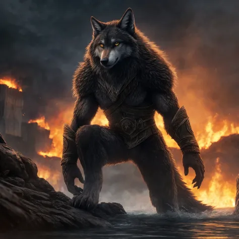 a wolf standing on a rock in front of a fire