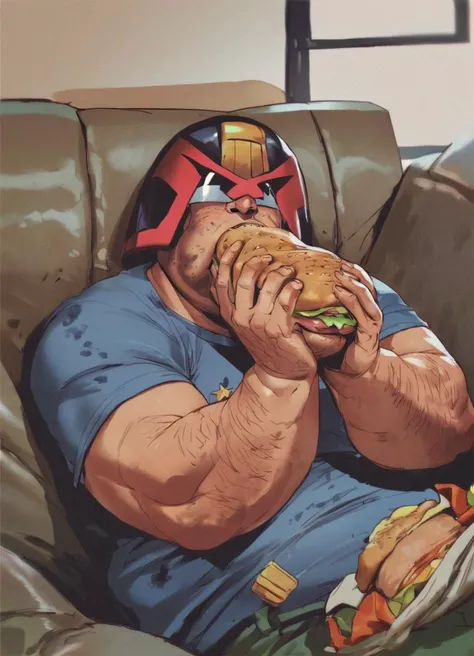 jdgdrddcom, man relaxing on the couch eating burgers, overweight, fat, dirty, uniform, shiny helmet, source_cartoon,
 <lora:Judge_Dredd_Comic_Style_Pony_SDXL:0.8>, score_9, score_8_up, score_7_up,