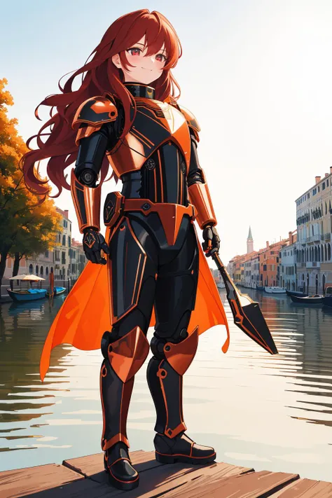 a woman in armor standing on a dock next to a body of water