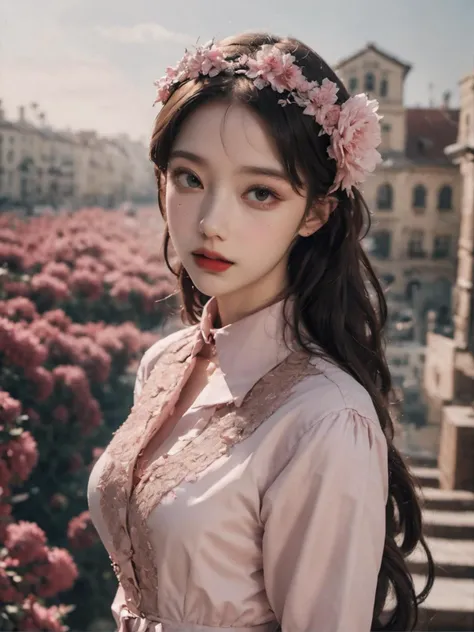 (photo realistic), extremely detailed and delicate illustration, beautiful and aesthetic, official art, one girl, ((pink theme, white theme, crowned princess fairytale theme)), dream-like, (beautiful princess is dancing in palace, focus on her), (Pirouette...