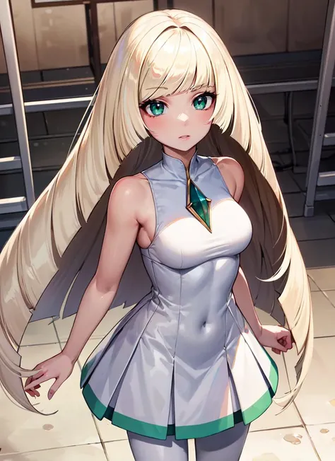 ((best quality)), ((highly detailed)), absurdres, detailed face, beautiful face, (detailed eyes, deep eyes), <lora:more_details:.2>, (1girl), cowboy shot, <lora:lusamine_pokemon:.9>, Lusamine, blondde hair, very long hair, green eyes, medium breasts, (whit...