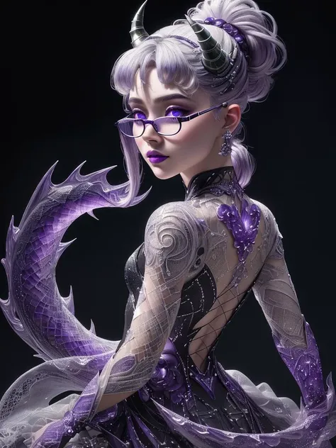 a woman with purple hair and glasses in a dress