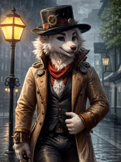 close-up portrait, canid, wearing fancy coat, pants, hat, in a 19th century street, walking, raining, sunlight, steampunk, smile, high detailed, cinematic lighting, complex background <lora:BooperNova-v7:0.5>