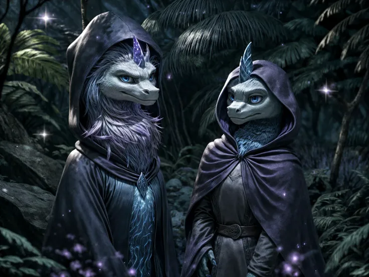 Haxorus Raya and the Last Dragon Sisu, adorable, wearing a black cloak robe hood, blue eyes, hands with lavender claws, looking around, annoyed suspicious, cool pose, BREAK adventuring in a jungle, fantasy, sparkles and fireflies, dark blue color scheme, b...