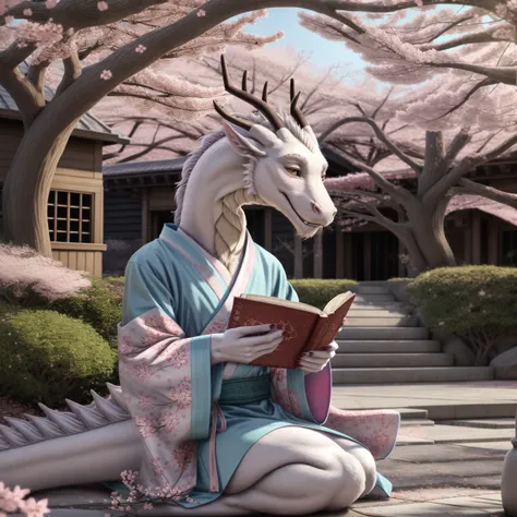 a eastern dragon wearing a kimono reading book in the park full of cherry blossoms, (high quality, realistic), (4k), (detailed background), (spring)