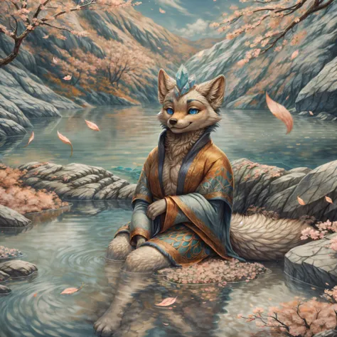 mature male white fox, glistening blue eyes, wearing robe, sitting on the rock, crystals, lake, reflection, sky, musk clouds, looking away, closed smile, cherry blossom leaf, hyper realstic, 8k