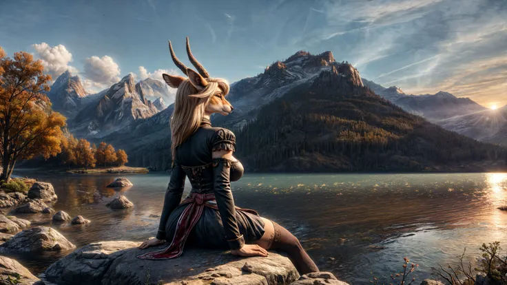 Dressed girl sits on a stone in the river, furry gazelle, sharp horns, fully dressed, traveler costume, (very long shot:1.2), photo of nature, environment, river, aura, psionicmagic forest background, mountain top, the sun is peeking out, (intricate:0.7), ...