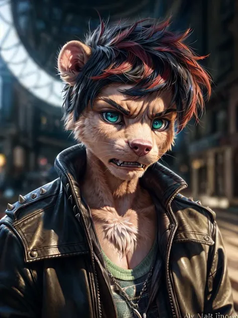 1boy, hamster, young, clear eyes, detailed iris, dilated pupils, short hair, angry, punk, jacket, 8k hd, wide dynamic range, hdr, fine art high quality, hdr, 8k, 4k uhd wallpaper, beautiful, 8k, uhd, intricate detail, detailed, by popular digital, digital,...