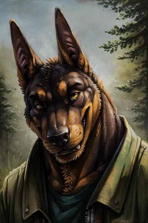 painting of a dog with a green shirt and a brown jacket